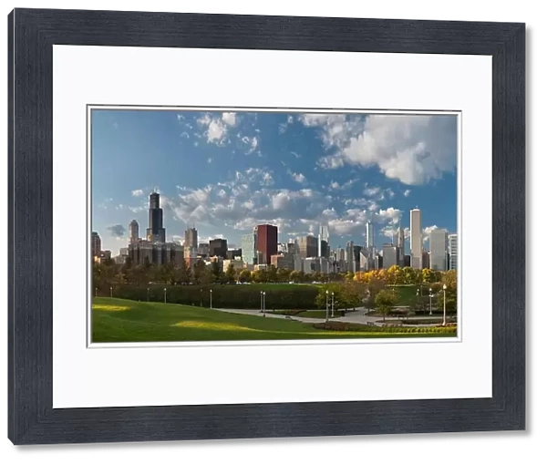 City of Chicago. Image of Chicago downtown skyline and park at sunset