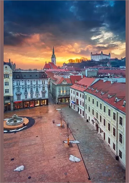 Bratislava. Aerial cityscape image of historical downtown of Bratislava, capital city of Slovakia during sunset