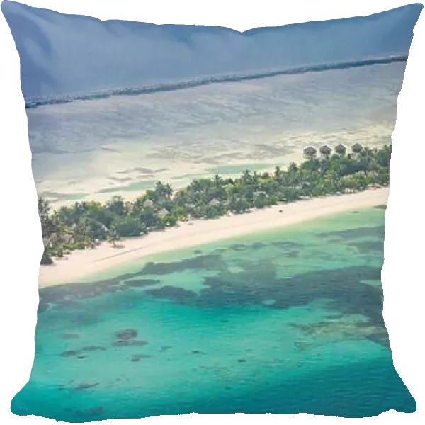 Aerial landscape of Maldives island beach. Tranquil tropical nature, coral reef and blue sea with sandbank. Luxury travel and holiday concept