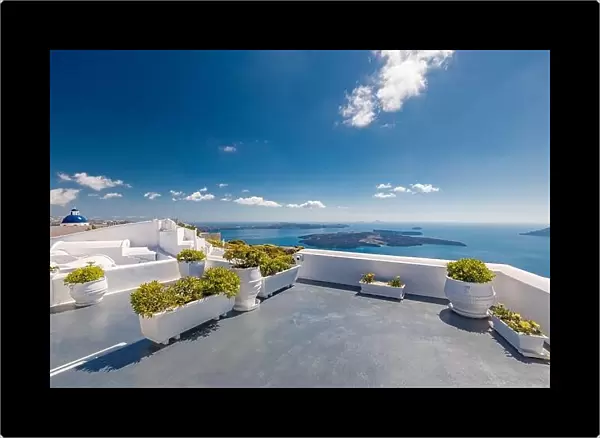 Amazing scenery, terrace with sea view. White architecture on Santorini island, Greece. Luxury travel destinations concept, amazing summer vacation