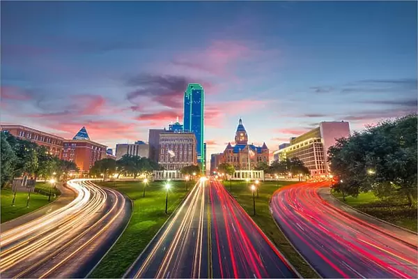 Dallas, Texas, USA skyline over Dealey Plaza at dawn