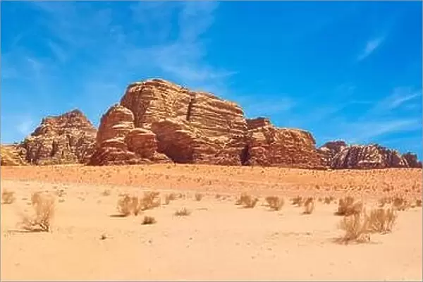 Panoramic landscape view of Wadi Rum Desert, Jordan