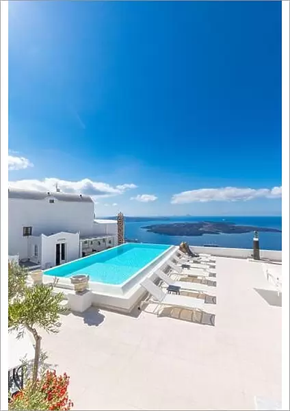 Amazing landscape, infinity pool caldera view Santorini, Greece with cruise ships. Blue sky wonderful summer scenery travel vacation, holiday. Inspire