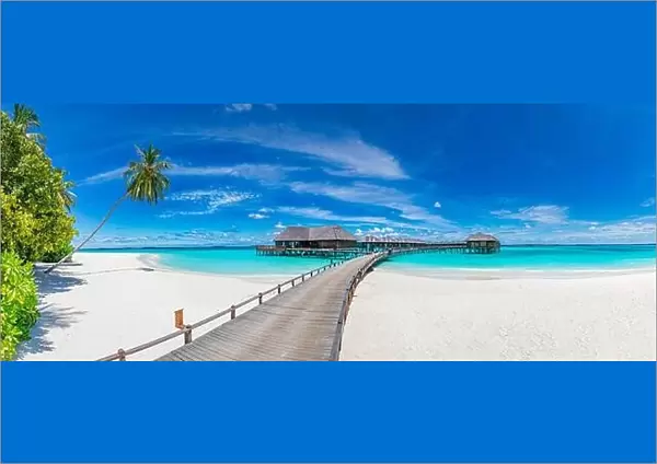Luxury island resort vacation holiday panoramic landscape. Amazing travel beach banner panorama. Jetty pier with water villas, relax stunning sea palm