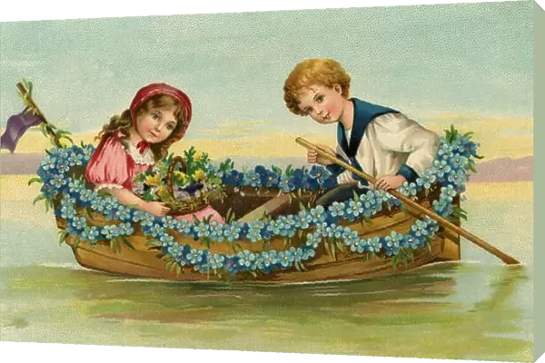 Children in a forget-me-not-wreathed boat, (postcard)