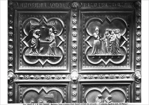Zachariah Becomes Mute and Zachariah Being Told by an Angel of His Fatherhood. Two panels with episodes from the life of John the Baptist, by Andrea Pisano, on the south doors of the Baptistry of San Giovanni, Florence