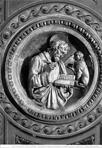 St. Mark the Evangelist. Glazed earthenware tondo of the Della Robbia School, in the Cappella Tolosa of the church of Sant'Anna dei Lombardi, Naples