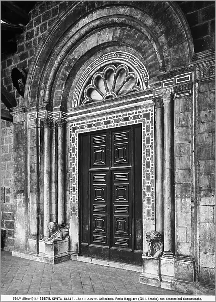 The portal of the faade of the Cathedral of Santa Maria, with decorations by the Roman marble worker Lorenzo, located in Via Garibaldi in Civita Castellana, near Viterbo, in Lazio