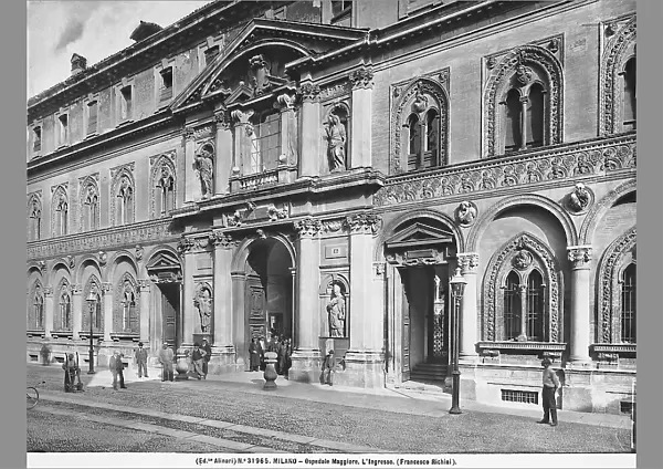 View of the main entrance of the former General Hospital, now location of the state University, built by Francesco Maria Richini, Milan. The statues in the niches are: at the bottom, St. Charles and St. Ambrose done by Giovanni Battista Bianco; at the top Our Lady of the Assumption and the Archangel Gabriel by Giovan Pietro Lasagna