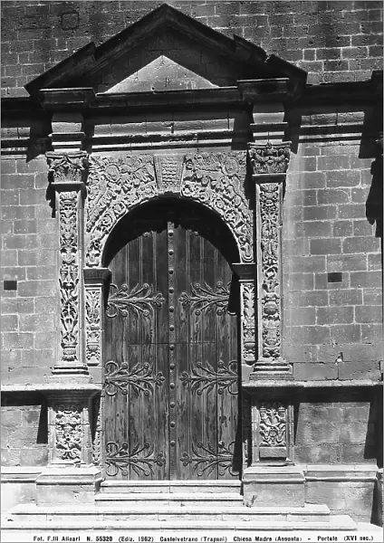 Carved stone portal of the faade of the Mother Church, or church of the Assunta, in Castelvetrano