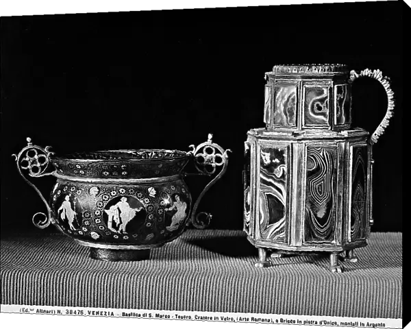 Painted glass cup and onyx jug, both rimmed with silver, in the Treasury of St. Mark's Basilica in Venice