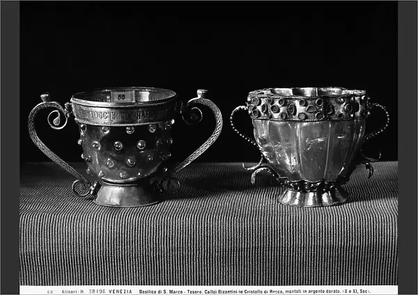 Two Byzantine goblets made of rock crystal, set in gilded silver, in the Treasury of St. Mark's Basilica in Venice