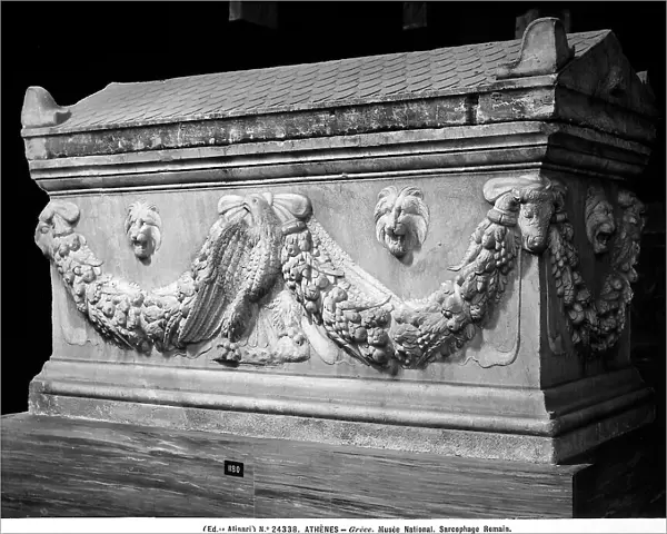 Roman age sarcophagus with friezes, festoons and leonine protomes, National Museum, Athens