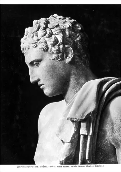Profile detail of the statue of Hermes, copy of the famous statue by Praxiteles: National Museum of Athens