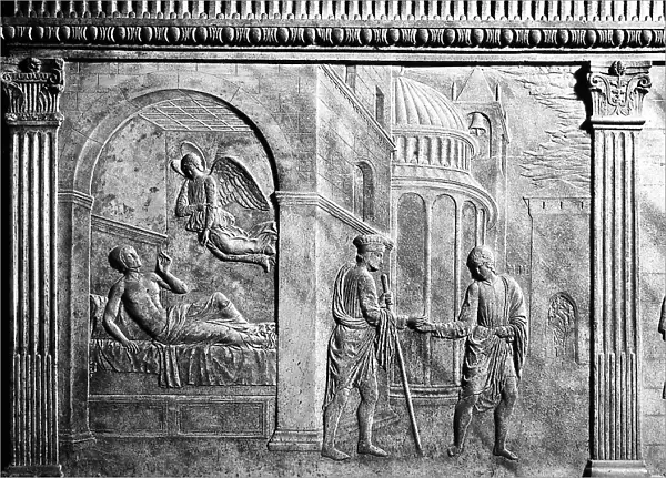 Bas-relief of the Ark of St. Terenzio representing the angel who invites the blind to go to the saint.. The Ark already attributed to Agostino di Duccio and to Pietro Lombardo is the work of an anonymous sculpturer of the Tuscan School. Cathedral, Faenza