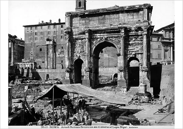 View of the Arch of Septimius Severus and, in the foreground, the ruins near the Lapis Niger - in the Roman Forum, Rome