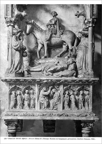 The Camponeschi Monument, located in the Church of St. Giuseppe (formerly St. Biagio) in L'Aquila. Ark supported by spiral columns with lions. On the front is a high relief depicting the Coronation of Mary and the Apostles. Above the ark is a curved shrine with a pointed arch, in which an equestrian statue of Ludovico Camponeschi and the prone figure of Lalle, with two angels at the side