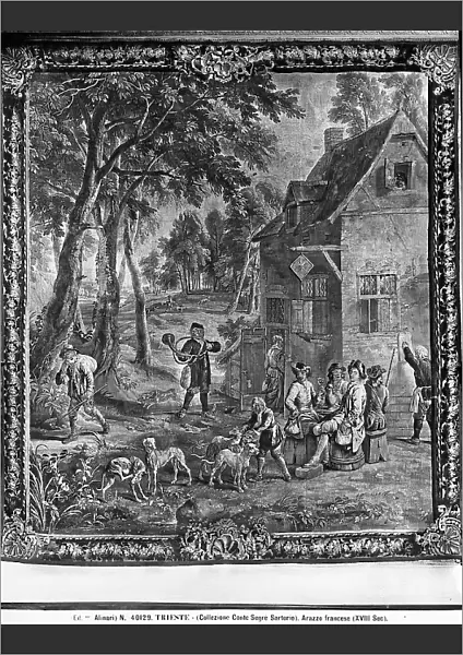 French tapestry representing a scene crowded with women in a forested landscape. Collection of Count Segr Sartorio in Trieste