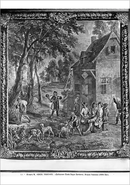 French tapestry representing a scene crowded with women in a forested landscape. Collection of Count Segr Sartorio in Trieste