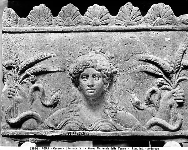 Slab decorated in relief depicting the goddess Ceres holding ears of corn; located in the National Museum of Rome, Baths of Diocletian, Rome