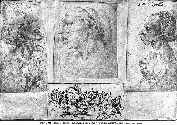 Three female caricatures with battle scene. Drawing attributed to Leonardo da Vinci, preserved in the Ambrosian Library, Milan