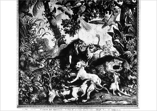 Animal fight; Gobelins Manufactory tapestry, Quirinal Palace, Rome