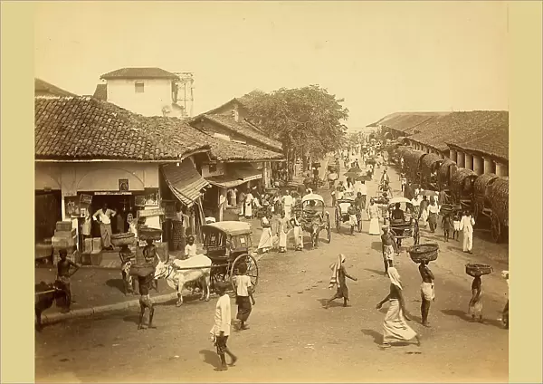 Indian road with shops, people and carts