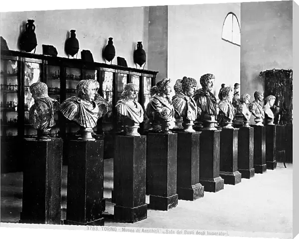 The room of the busts of the emperors in the Antiquity Museum in Turin. In the room are marble busts of Roman Age