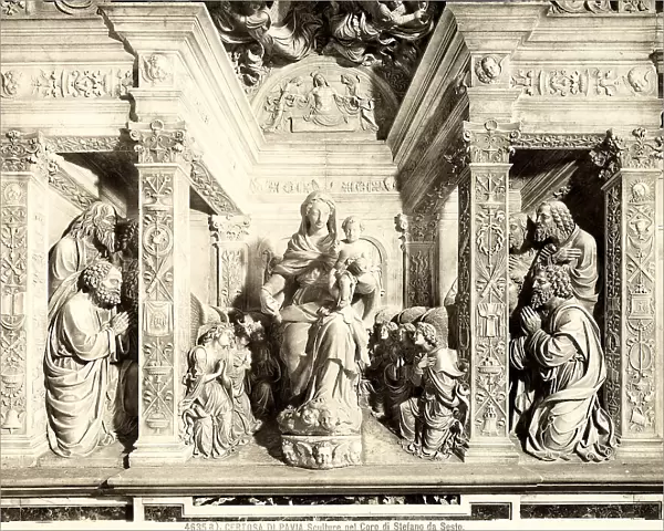 A sculpture group portraying the Madonna with the Child and saints, detail of the sacrarium with the Ascension, work by Biagio da Vairone and Stefano da Sesto, collocated in the Carthusian Monastery of Pavia