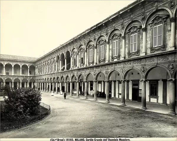 Partial view of a detail of the courtyard of the former 'Ospedale Maggiore', now seat of the State University. The building was designed by the architect Francesco Maria Ricchino in collaboration with Fabio Mangone and Giovanni Battista Pessina