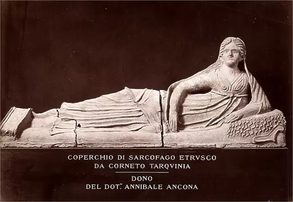 Cover of the fictile sarcophagus found in Tarquinia with the figure of the dead woman laying. Civic Archaeological Museum, Milan