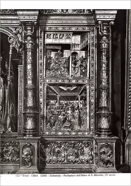 Detail of the carved wooden altarpiece with the Stories of the life of St. Abbondio, It's a Lombard masterpiece from the beginning of the sixteenth century located in the cellar of the Cathedral of Como. Done by the workshop of Giovan Angelo del Maino