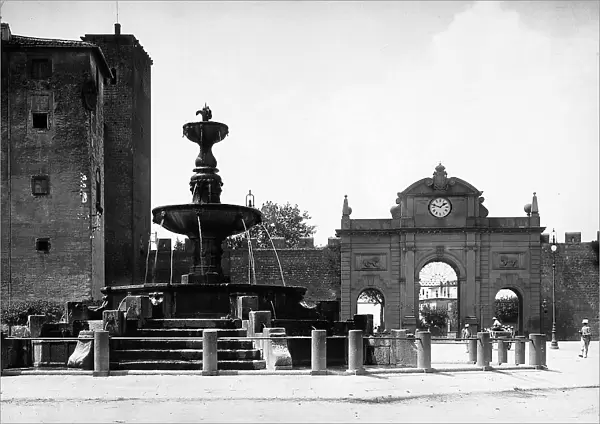 The Florentine Gate in Viterbo, in front of which stands the large fountain called the Fortress Fountain