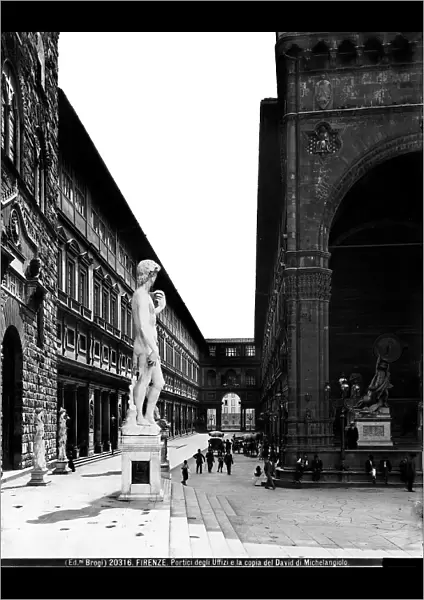 View of the Porticoes of the Uffizi and statue, copy of David
