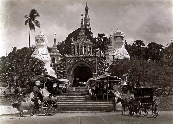 South eastern entrance to the pagoda Shwe Dagon, in Rangoon, Burma