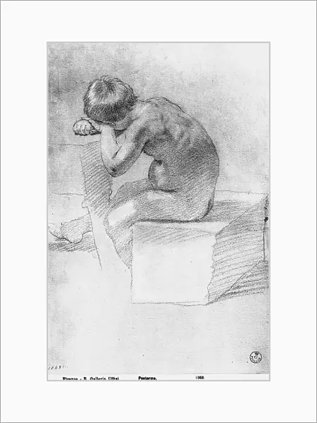 Naked youth seated with his head bent. Drawing by Pontormo preserved in the Room of Drawings and Prints in the Museum of the Uffizi