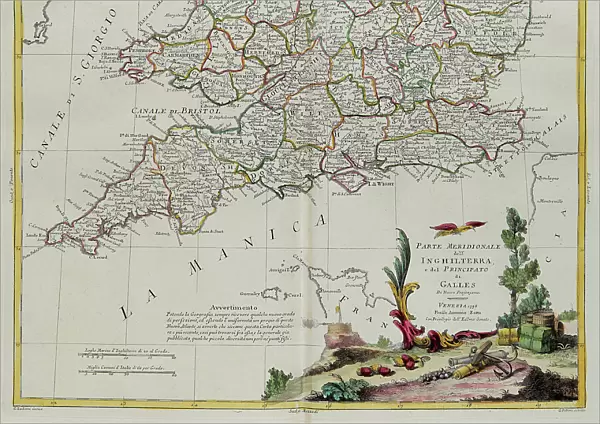 The southern part of England and of the Principate of Wales, engraving by G. Zuliani taken from Tome I of the 'Newest Atlas' published in Venice in 1778 by Antonio Zatta, Private Collection