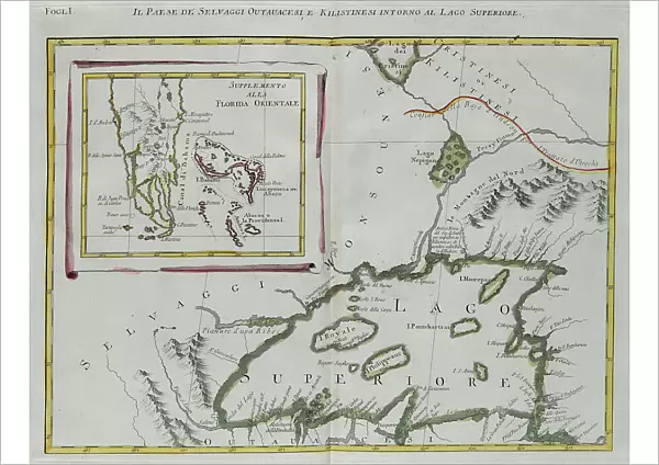 Land of the Ottawa and Kilistine Indians around Lake Superior and a supplement of eastern Florida, engraving by G. Zuliani taken from Tome I of the 'Newest Atlas' published in Venice in 1778 by Antonio Zatta, Private Collection