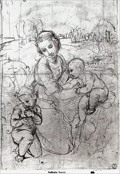 Madonna and Child with the infant St. John. Drawing by Raphael, in the Gabinetto dei Disegni e delle Stampe, at the Uffizi Gallery, in Florence