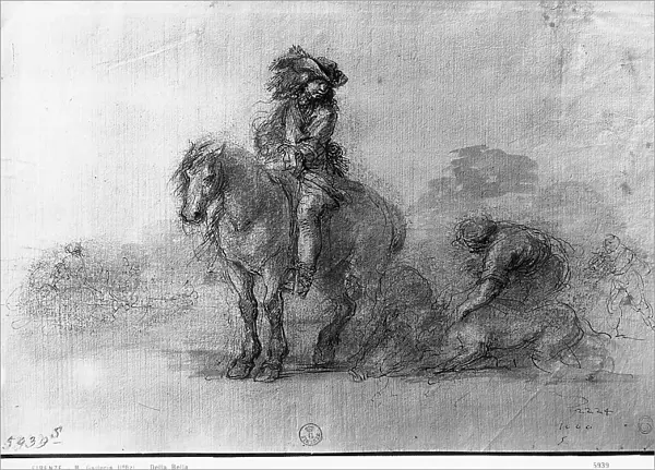 Man in seventeenth century costume on horseback. Drawing by Stefano della Bella preserved in the Room of Drawings and Prints in the Gallery of the Uffizi