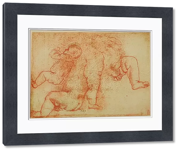 Study of putti; red crayon drawing on white paper by Leonardo da Vinci. Windsor Royal Library