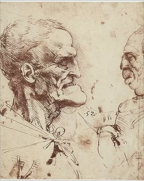 Two profiles of male caricatures, pen drawing on white paper turned yellow by Leonardo da Vinci and preserved at the Royal Library of Windsor