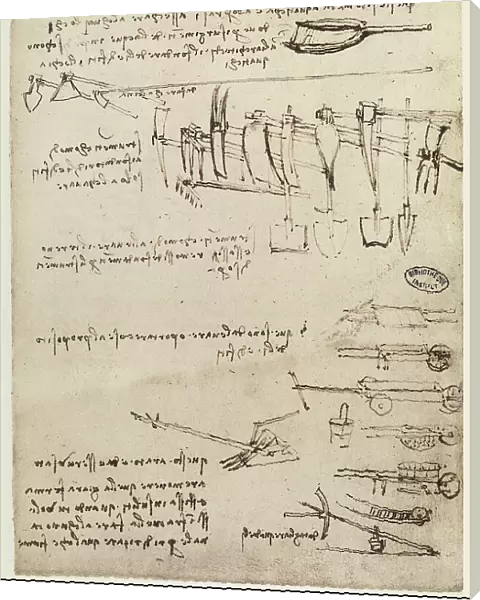 Study of argricultural tools; written by Leonardo da Vinci. Codex B (2173), c.67r, Institut de France, Paris