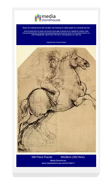 Study of a rearing horse with cavalier; pen drawing on yellow paper by Leonardo da vinci. Oppenheimer Collection, London