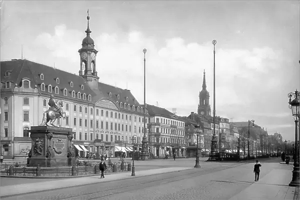 The Neudstadtermarkt Square, in Dresden, with the equestrian statue in gilded copper of the Prince Elector Frederick Augustus the Strong. In the background the town hall