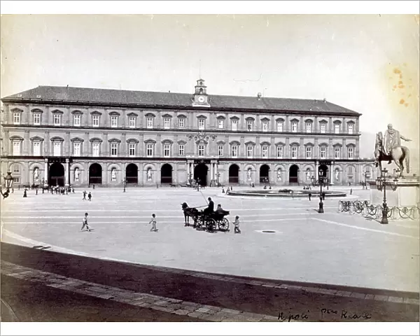 Piazza del Plebiscito in Naples with the Royal Palace taken from the front. On the right of the picture, the bronze equestrian statue of Ferdinando I