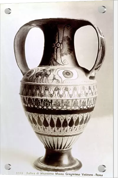 Nicostenic amphora with pictorial decoration of superposed bands of plant motifs. A figured scene is on the shoulder. Next toiIt the signature of the potter can be read. The piece is in the Vatican Museum in Rome