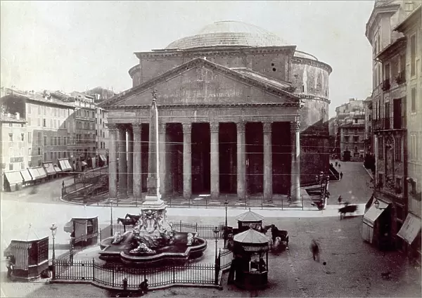 View of Piazza della Rotonda, in Rome, dominated by the Pantheon. At the center of the square the fountain with the obelisk of Ramses II