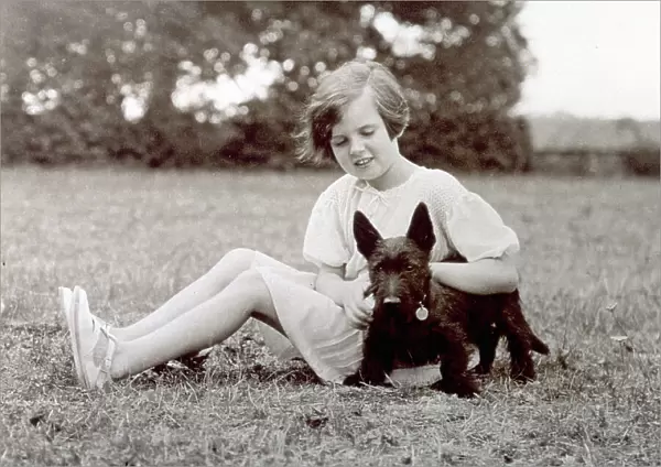 Full-length portrait of a little girl wearing summer clothing, seated in a field together with a small dog