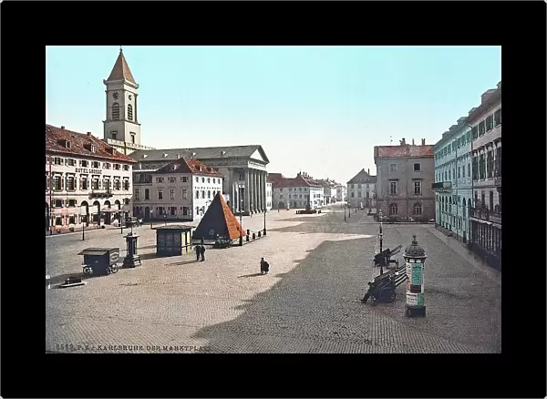 View of Marktplatz in Karlsruhe. At the centre of the square, the Pyramide erected over the tomb of the city founder, the margrave Charles William